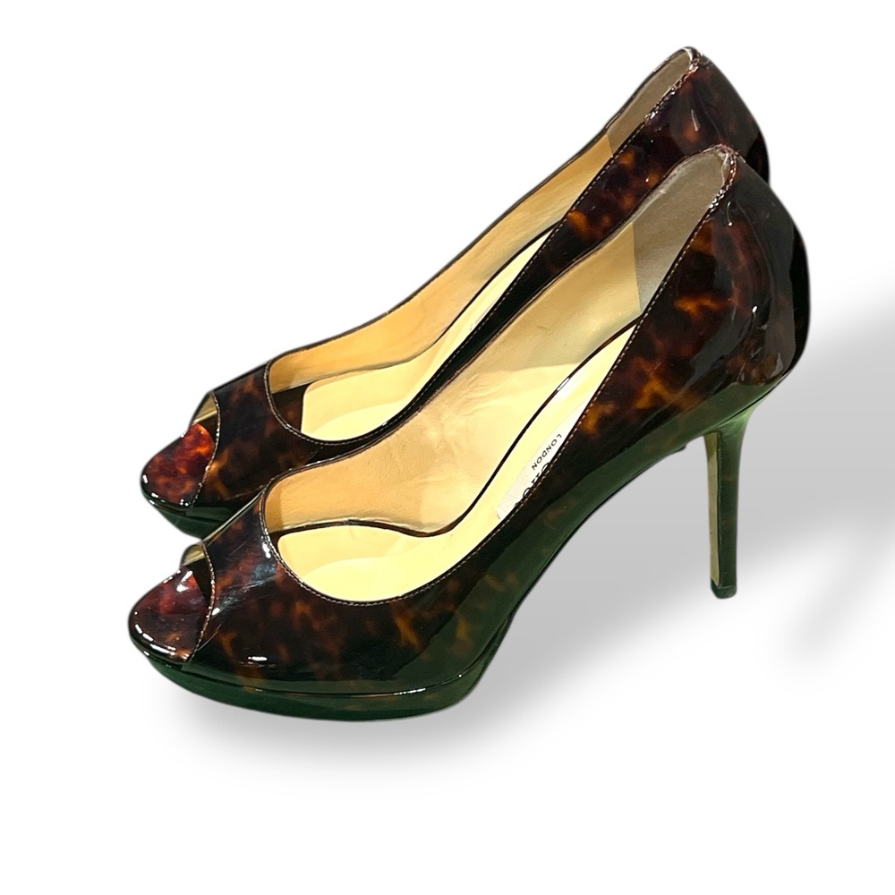 Jimmy Choo Peep Toe Brown Tortoise Shell Patent Leather Pumps.